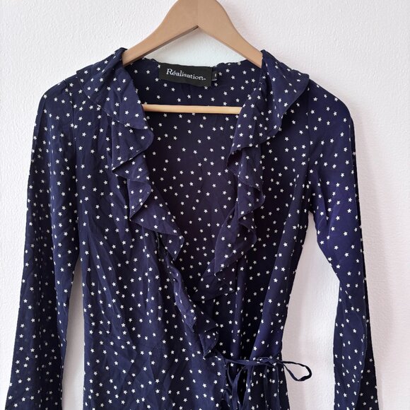 Realisation Par Alexandra Ruffled Silk Wrap Mini Dress Navy Star Print - Picture 5 of 9